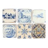 Six 18th Century tiles, to include Delft examples, including a farmer transporting livestock across