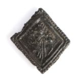 A 15th century pewter pilgrim's badge, designed as the standing figure of Henry VI within a diamond