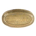 An 18th century brass snuff box, Dutch Of oval form, engraved with a Biblical scene, probably