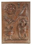 A good 16th century carved oak panel, circa 1530-50 Designed with the Annunciation: The Virgin Mary