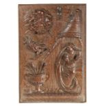 A good 16th century carved oak panel, circa 1530-50 Designed with the Annunciation: The Virgin Mary