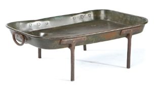 A rare and large 19th century 'country house' copper twin-handled basting tray, on splayed iron