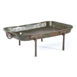 A rare and large 19th century 'country house' copper twin-handled basting tray, on splayed iron