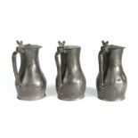 Three mid-18th century pewter OEWS quart Jersey lidded measures Two with maker’s mark of John le