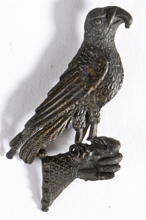 A 14th century pewter secular badge, designed as a falcon  on a falconer's glove, with traces of - Image 2 of 2
