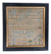 A Victorian needlework sampler, by Rebecca Atkins age 8 1852, with alphabet and numbers above name