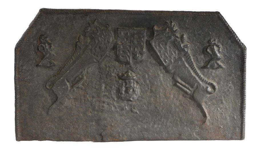 A good cast iron fire back, probably mid-16th century, Weald, Sussex, of rectangular form with