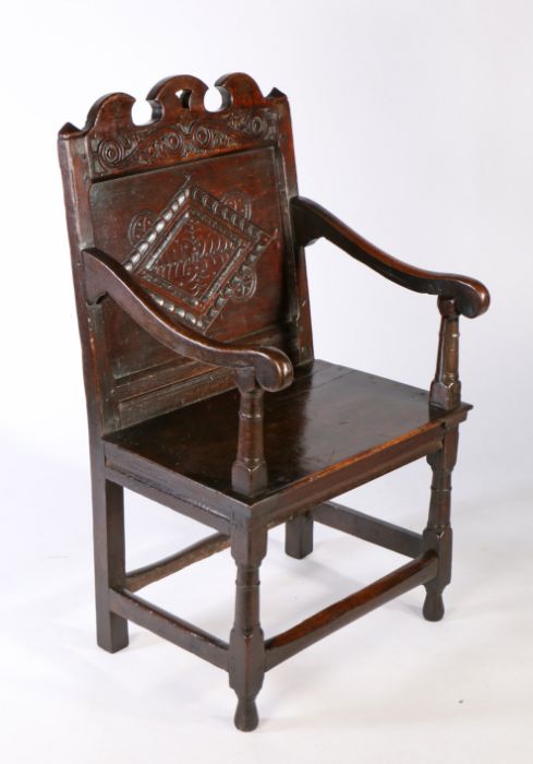 A museum deaccessioned Charles II oak panel-back open armchair, Lancashire, circa 1670 The back - Image 2 of 3
