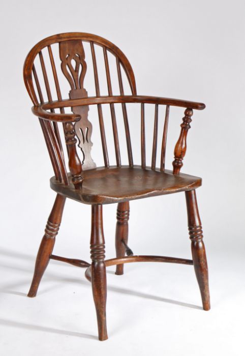 A mid-19th century yew, ash and elm Windsor armchair, North East Midlands, the hooped back above a - Image 2 of 3