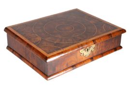 A William & Mary walnut oyster-veneered lace box, circa 1690,  the rectangular hinged top with box