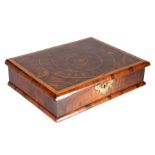 A William & Mary walnut oyster-veneered lace box, circa 1690,  the rectangular hinged top with box