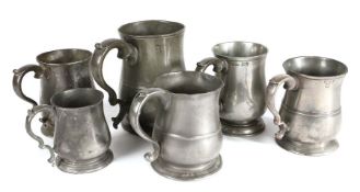 Six 18th - early 19th century pewter tulip-shaped mugs, English To include an example by Joseph