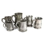 Six 18th - early 19th century pewter tulip-shaped mugs, English To include an example by Joseph