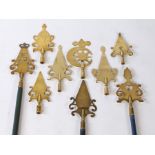 A collection of nine brass 'Friendly Society' staff finials, Devon/Somerset villages, (9)