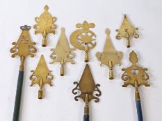 A collection of nine brass 'Friendly Society' staff finials, Devon/Somerset villages, (9)