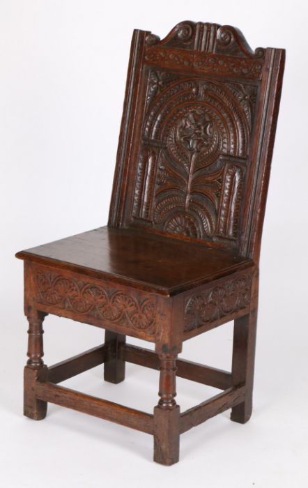 An uncommon Charles I box-seat closed-back side chair, Lancashire, circa 1630-40, the well-carved - Image 6 of 8