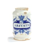 An 18th century Delft dry drug jar, circa 1730, of cylindrical form, designed with  'ABSYNTH'' to