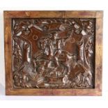 A good 16th century carved oak panel, circa 1570 Carved with Jezebel, Queen of Israel, trampled by a