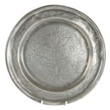 A George II pewter wrigglework plate, Worcestershire, circa 1735 Having a single reeded rim designed