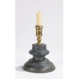 A 17th century part brass socket candlestick and stem later mounted on a painted turned base, 20cm