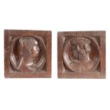 Two good 16th century oak Romayne-type panels, circa 1540,  each with a deeply carved bust within a