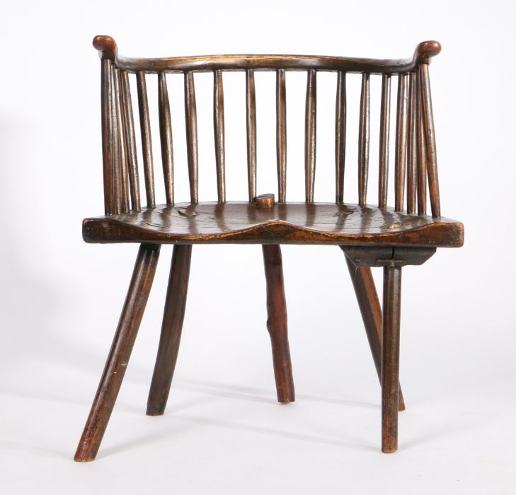 A George III ash stick back armchair, the curved armrest on spindle supports, saddle seat, on four - Image 2 of 3