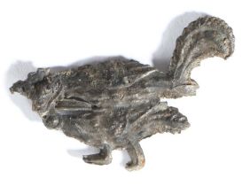 A 15th century pewter secular badge, designed as a copulating cockerel and hen, 40mm long