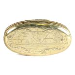 An 18th century brass snuff box, Dutch Of oval form, engraved with figures in contemporary costume,