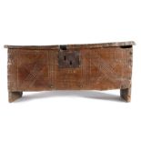 A small and rare Henry VIII oak boarded chest, possibly Suffolk/Norfolk, circa 1530, the