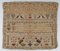 A Victorian  needlework sampler, by Emma Rosetta Harper,1857, with alphabet, numbers and paragraphs