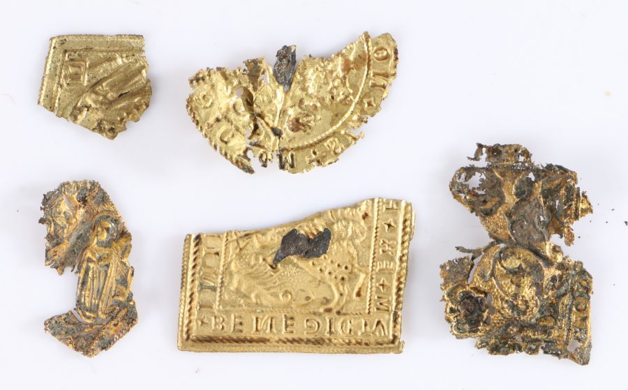 An interesting collection of yellow metal medieval plaque sections, each of thin metal, two - Image 2 of 2