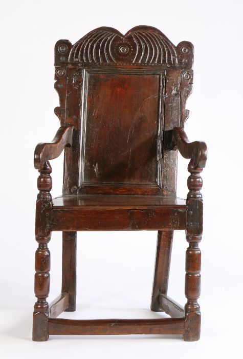 An interesting Charles I joined oak panel back open armchair, Yorkshire, Circa 1630, having a - Image 2 of 3