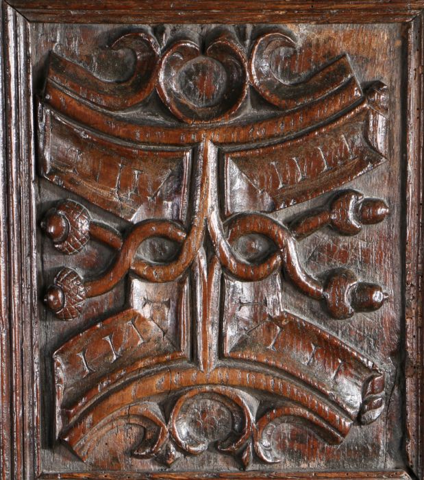 A well-carved oak headboard, of three early 16th Century panels, Welsh Borders A lion above a rose - Image 4 of 5