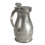 A PEWTER DOUBLE-VOLUTE BALUSTER MEASURE, O.E.W.S. GALLON, ENGLISH With plain body, the lid