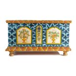 A late 18th century pine painted chest, Austrian, circa 1780, blue and white 'lattice' ground, the