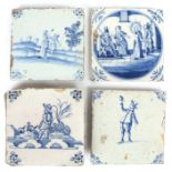 A collection of four 18th century Delft pottery tiles, to include a man in a broad rim hat with