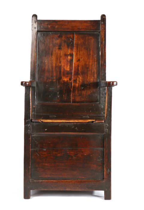 An early 18th century oak and fruitwood box-seat armchair, English/Welsh, circa 1700-30, with