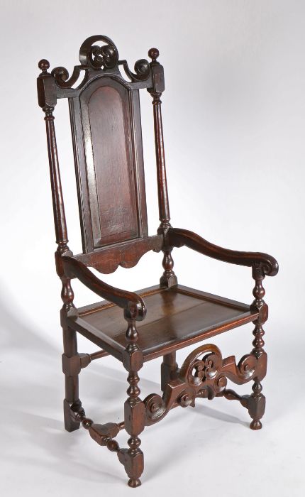 A good William & Mary joined oak open armchair, circa 1690, the part open back with arched fielded - Image 3 of 3