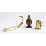 A George III treen pepperette or wig powderer, 10cm high, together with a 19th century small brass