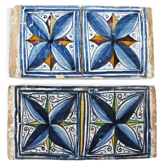 Two rare late15th century majolica ceiling tiles, circa 1480-90, Italian, possibly Lazio or Le