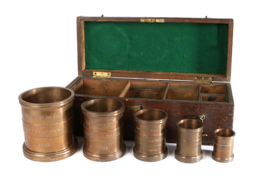 A Victorian 'gunmetal' Imperial Standard set of five cased measures, Buckinghamshire, each rim - Image 4 of 4