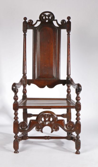 A good William & Mary joined oak open armchair, circa 1690, the part open back with arched fielded - Image 2 of 3