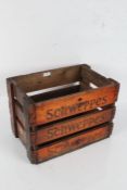 Schweppes stained wooden crate, stamped to each side, 41.5cm wide x 27cm deep x 29.5cm tall