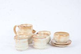 Studio pottery tea set, St Nectans Cornwall, consisting of two cups, two saucers, tea pot, sugar