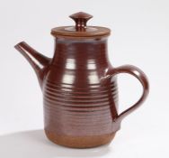 David Lloyd Jones pottery coffee pot and cover, the brown body with ribbed decoration, impressed