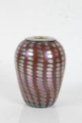 1980's art glass vase, with opalescent dotted lines on an amber ground, etched to the base 'Artist