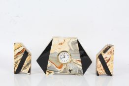 Art Deco three piece pottery clock garniture, with marble effect, the clock 17cm tall