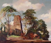 Cowan (20th Century British School), study of a church beyond  a treeline, signed oil on canvas,