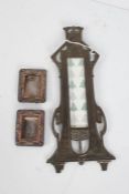 Art Nouveau pewter easel frame, of slender form, 26cm long, together with two small enamel decorated