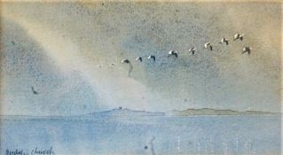 Andrew Church, 'Whooper Swans over the point, 7th Nov Blakeney '81', signed watercolour, housed in a